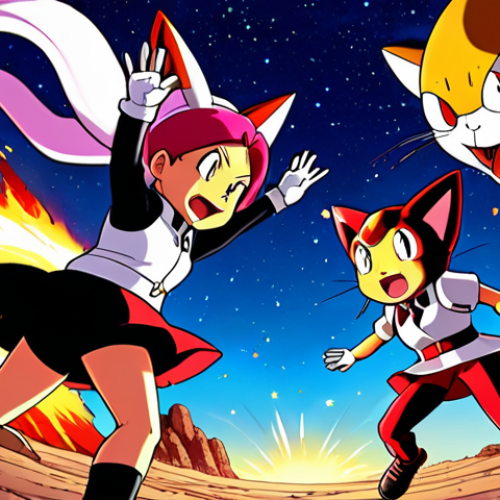 Home 14 **Image Prompt 1:** Team Rocket (Jessie, James, and Meowth) mid-air, dramatically "blasting off again" into the night sky, surrounded by a vibrant, stylized explosion. Their signature uniforms are visible, and they exhibit their iconic blend of exasperation and a hint of resilient determination. Stars twinkle around them, emphasizing their endless journey and cyclical failures. Anime style, vibrant colors, dynamic composition.