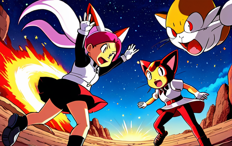 **Image Prompt 1:** Team Rocket (Jessie, James, and Meowth) mid-air, dramatically "blasting off again" into the night sky, surrounded by a vibrant, stylized explosion. Their signature uniforms are visible, and they exhibit their iconic blend of exasperation and a hint of resilient determination. Stars twinkle around them, emphasizing their endless journey and cyclical failures. Anime style, vibrant colors, dynamic composition.