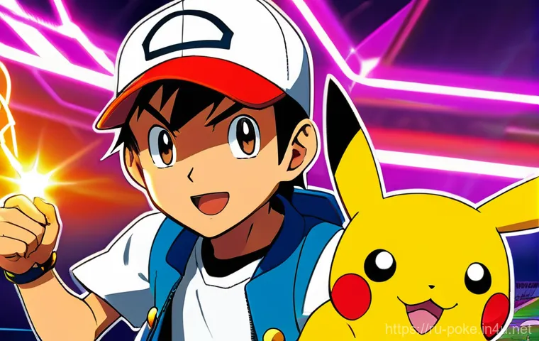 애니 속 포켓몬 간의 협동과 우정 - **Prompt:** A dynamic, action-packed scene featuring Ash Ketchum and his Pikachu in a vibrant Pokémo...