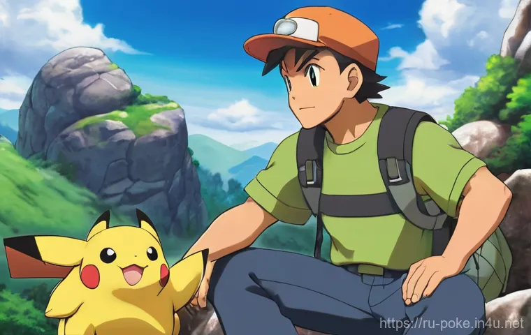 애니 속 포켓몬 간의 협동과 우정 - **Prompt:** A dynamic, action-packed scene featuring Ash Ketchum and his Pikachu in a vibrant Pokémo...