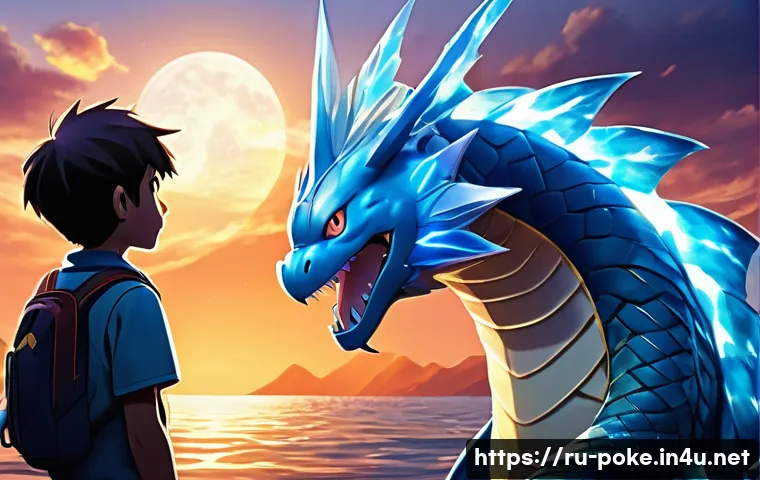 애니 속 포켓몬 진화의 상징적 장면들 - **Prompt for "Emotional Evolution/Metamorphosis":**
"A powerful, majestic Gyarados, mid-transfor...