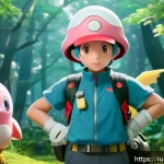 Home 23 포켓몬스터 애니 속 체육관 리더의 개성 - A calm and strategic Pokémon trainer standing confidently in a lush forest battlefield, wearing a de...