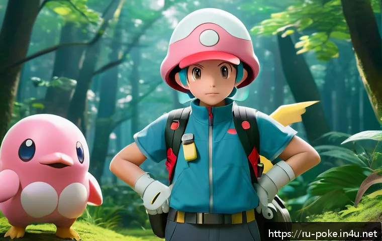 포켓몬스터 애니 속 체육관 리더의 개성 - A calm and strategic Pokémon trainer standing confidently in a lush forest battlefield, wearing a de...